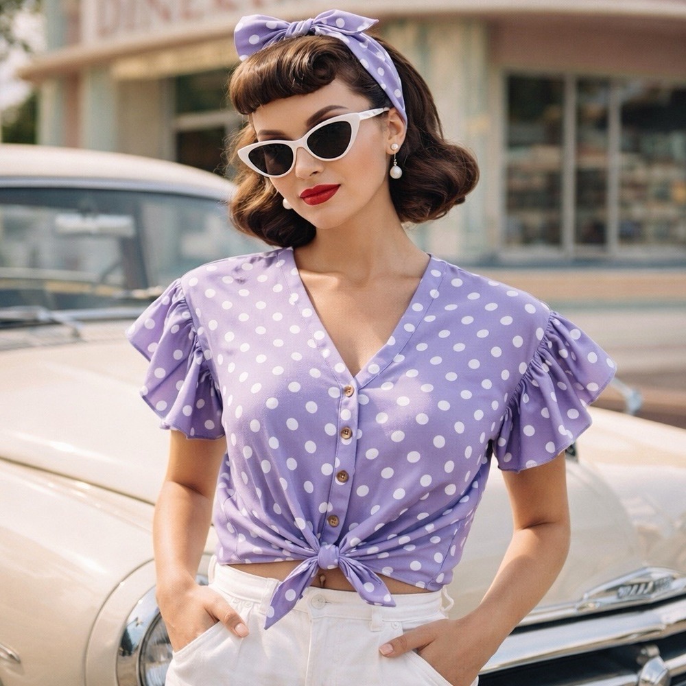 Vine & Love Lavender Polka Dot Crop Top S V Neck Button Front Tie Blouse Retro